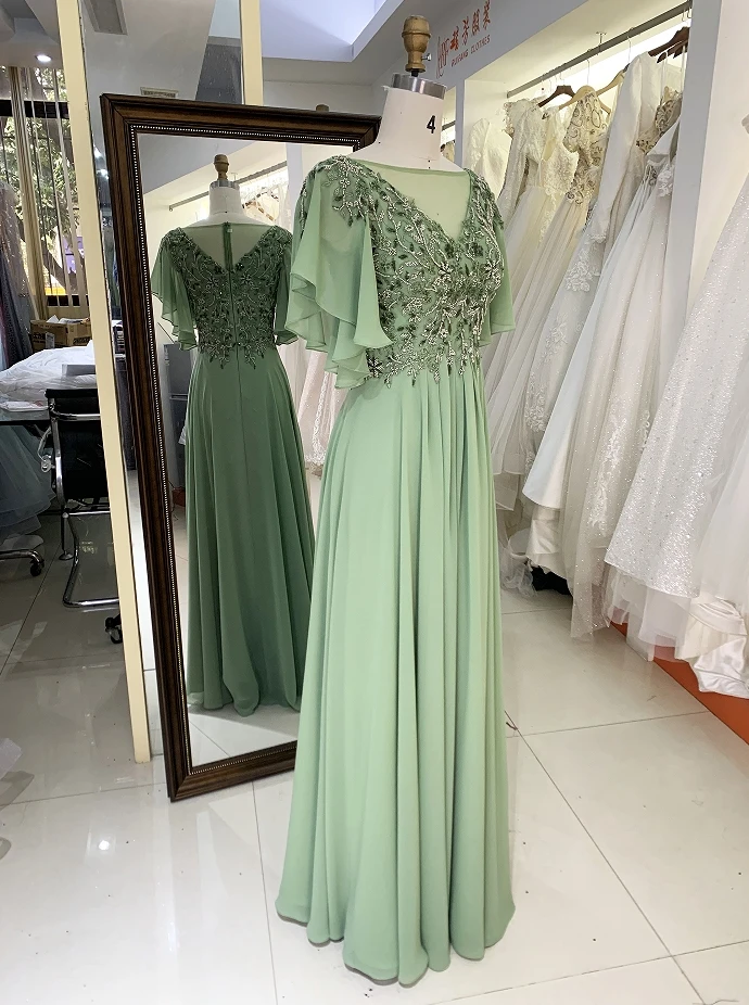 2024 sage green puff sleeve embroidery beading round neck zipper up back chiffon skirt mother of the bride dresses