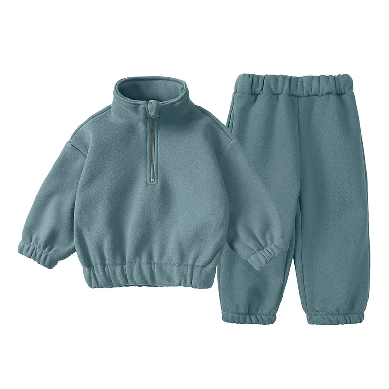 Hot Sale Korean Style Boys And Girls Winter New Fashionable High Collar Half Zip Top Drawstring Pants Fleece Casual Suit