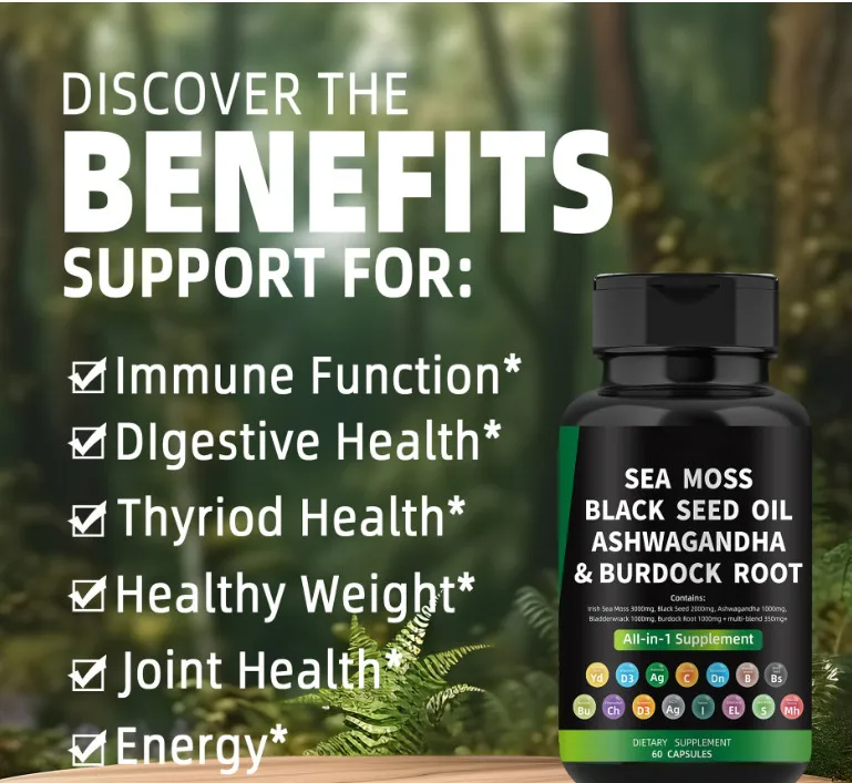 private label  all in Sea Moss Irish Black Seed Oil Ashwagandha capsules with Burdock Root as Multivitamin  health Supplements
