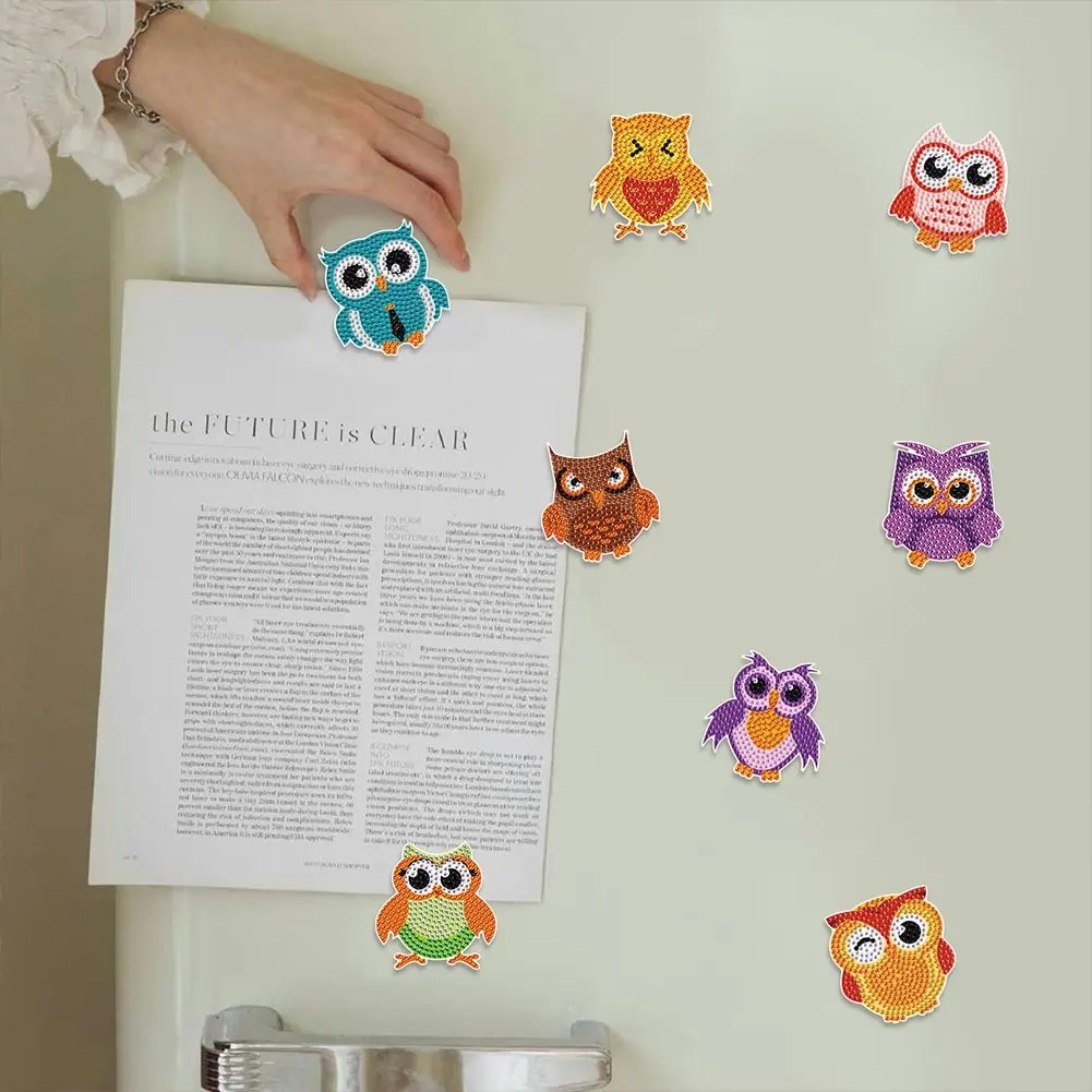 8Pcs Diamond Painting Owl Fridge Stickers  5D DIY Craft Magnet
