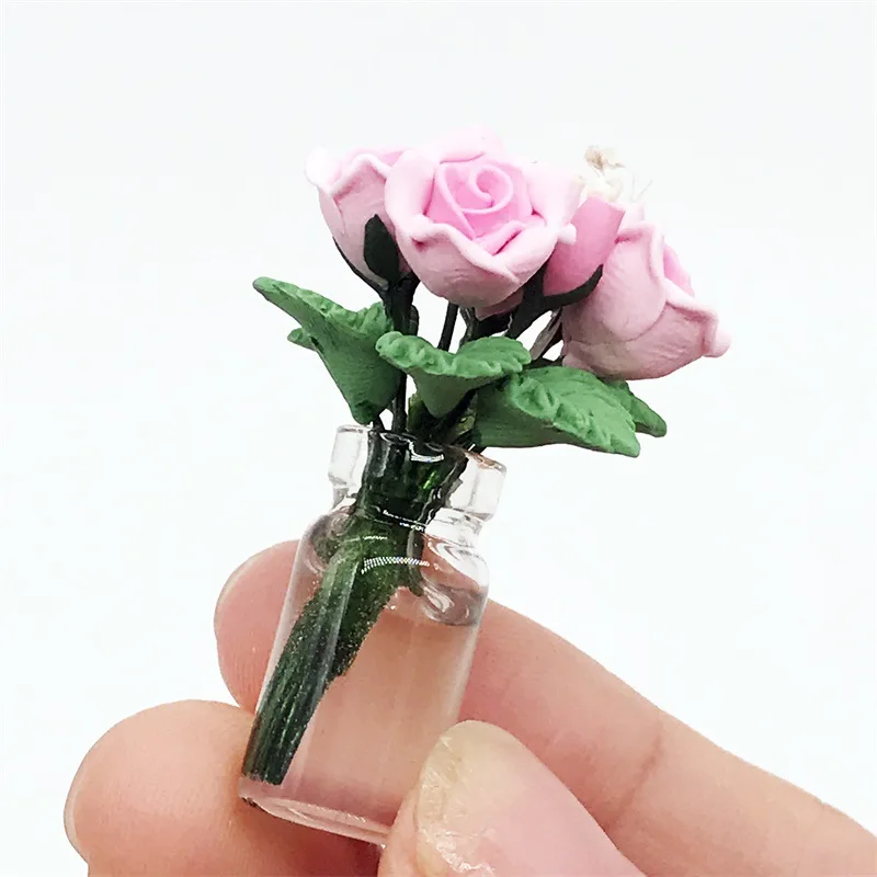 Dollhouse Miniature Flowers 1:12 Scale Mini Vase with Flower Doll House Accessories Tiny House Decorations M3797