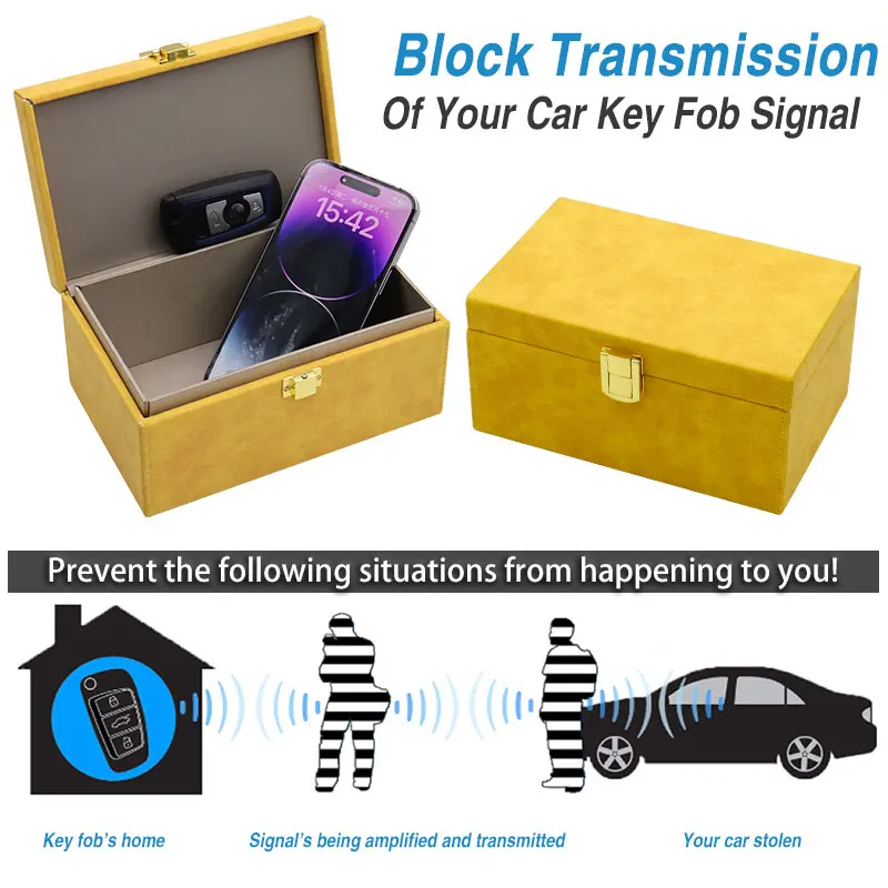 Car Keyless Faraday Cage Box with Colour PU Leather Shell Anti Theft Key Fob RFID Signal Blocker Security