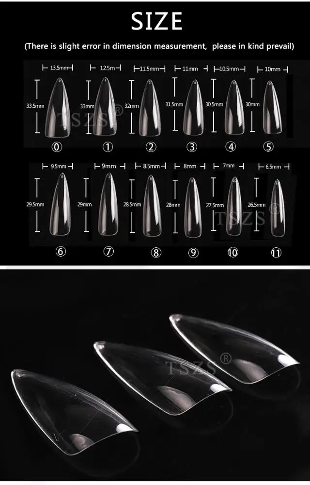 TSZS Manufacture Custom Long Transparent Point ABS Full Cover Art Nail Women Finger Nail Tips 500PCS/BAG