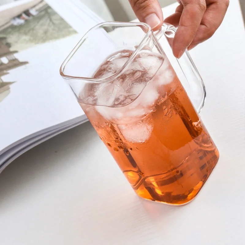 Hot Sale Square Heat Resistant Transparent Coffee Glass Cups Mug With Color Handle