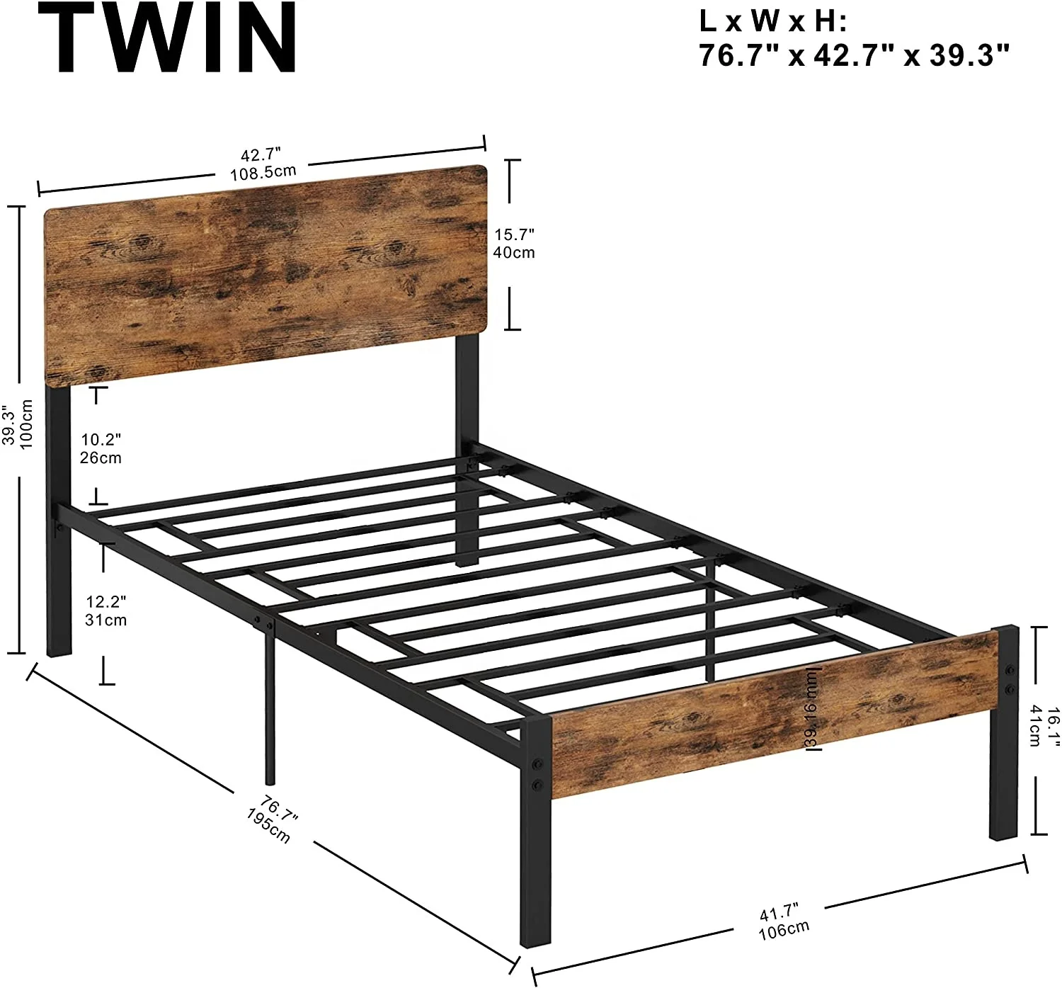 Wood Metal Bed Frame Queen Size Bed with King/Full/Queen/Twin Size