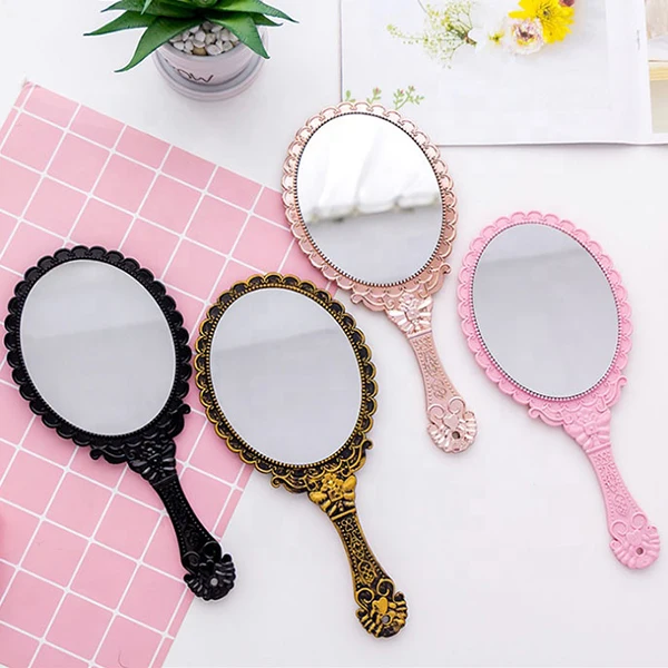 Pink Black handle makeup mirror cute Vintage Handheld Mirror plastic cosmetic mirror