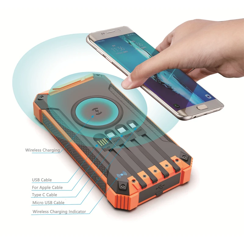 Hot Selling Solar Charger Power Bank 30000mAh Qi Wireless Charger Solar Power Bank Built in Cable portable for cell