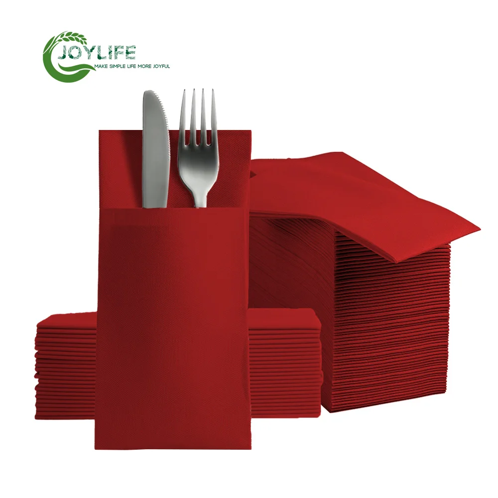 Disposable White Linen Feel Dinner Napkins with Flatware Pocket Printed Paper Napkins for Weddings and Parties Style Bag