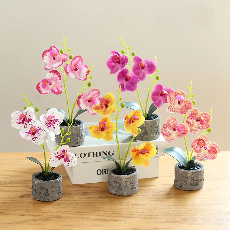 Mini Bonsai 4 Flower Heads Orchid Phalaenopsis Plant Set 25cm Artificial Orchid With Pot For Indoor Decoration