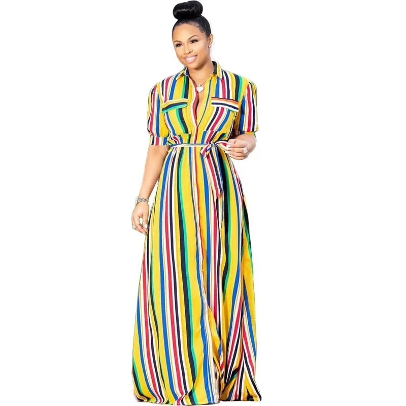 New Arrivals European Fashion Rainbow Colorful Printing Long Sleeve Maxi Skirt Women Casual Dress Big Size XXL Lady Clothes
