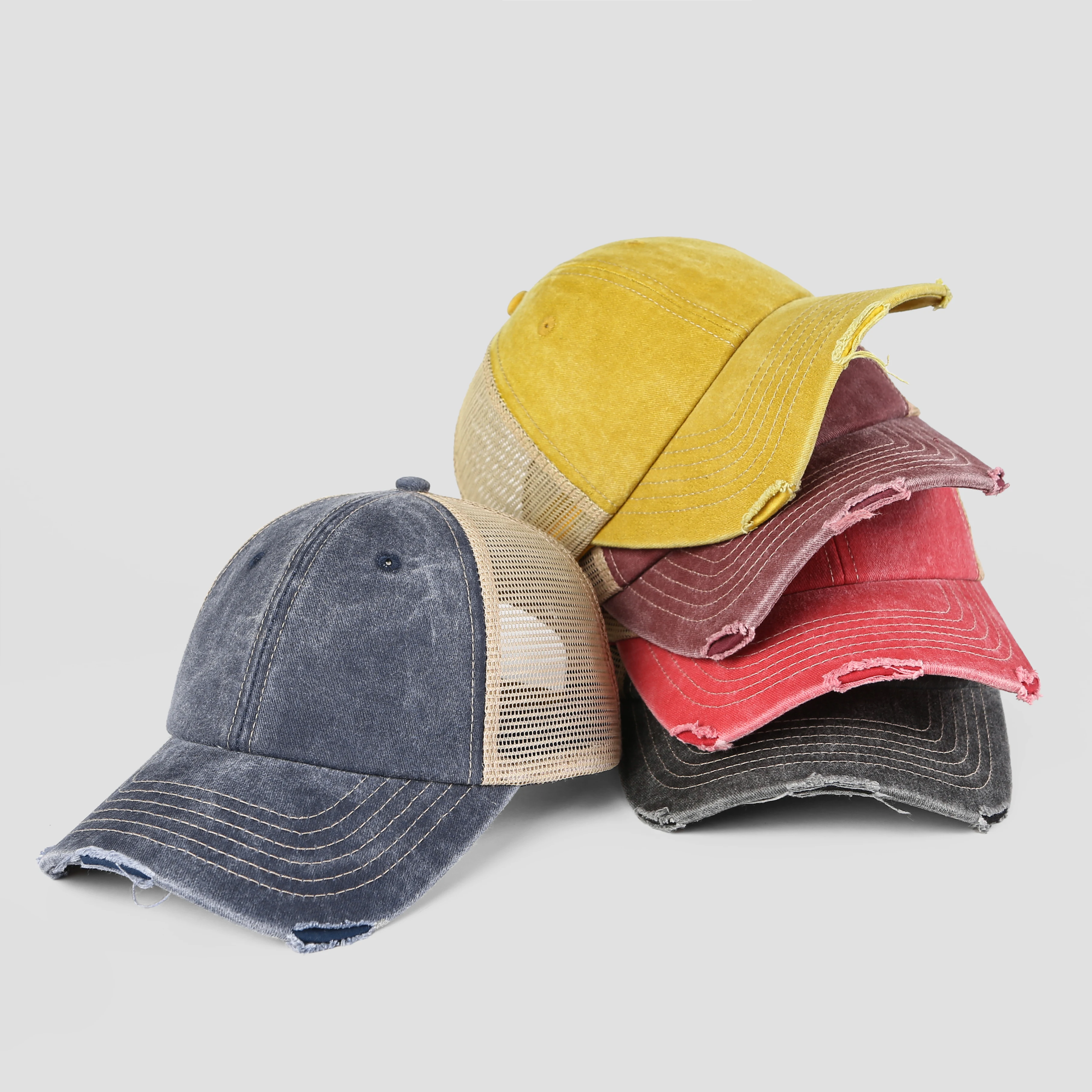 Wholesale 6 panel sanding washed blank trucker hat curved visor distressed vintage mesh sport cap