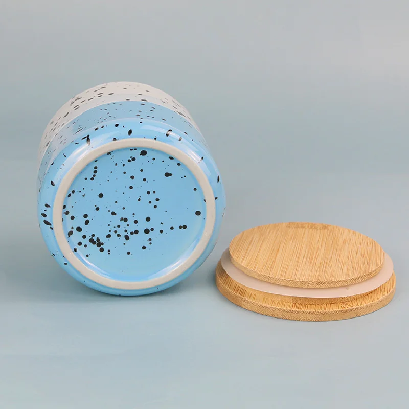 Custom kitchen food tea coffee sugar canister ceramic sealed storage jar set with wooden lid