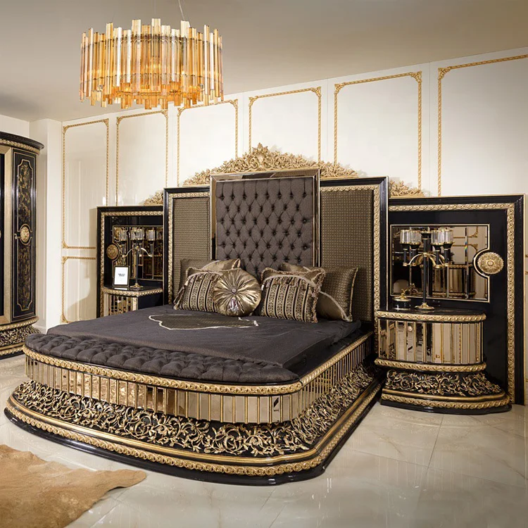 Chuangdian Foshan Factory Customized Luxury Italian Style Classic Bedroom Furniture Set Solid Wood Double King Size Bed