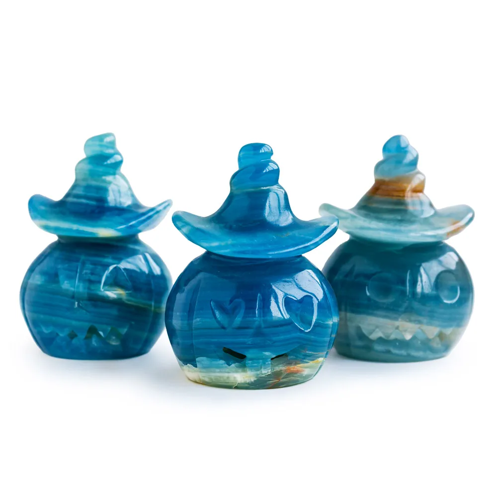 Hand made healing natural quartz natural folk craft blue onyx pumpkin reiki crystals carving for home decoration