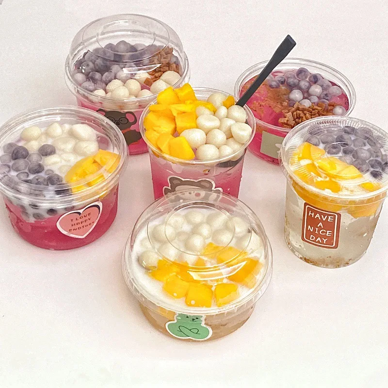 Eco-friendly One-time Fruit Cup Ice Powder Bowl with Cover Togo Transparent Plastic Fruit Clear Salad Container Salad Bowl