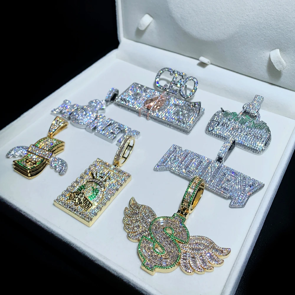iced out bling hip hop men boy jewelry custom trendy dollar $ money bag letter baby bear pendant necklace