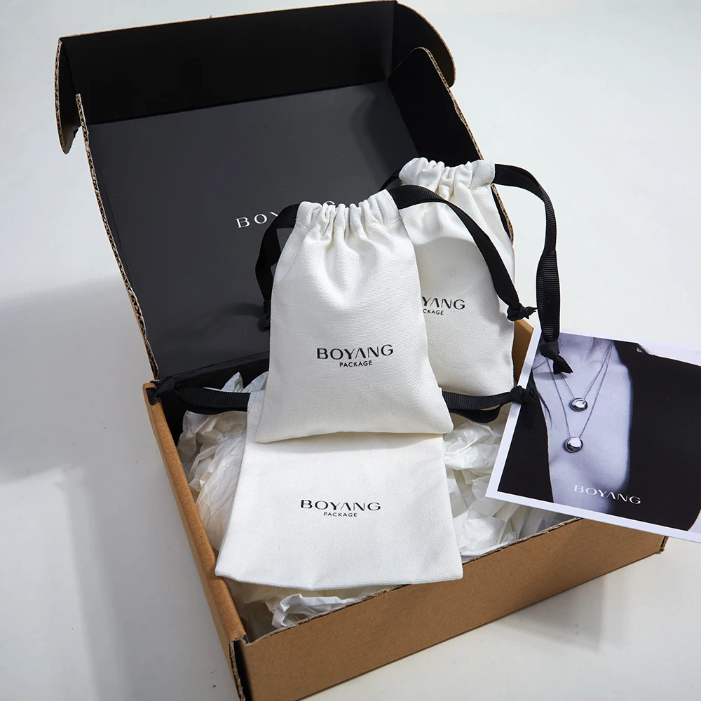 Custom White Eco Friendly Necklace Earring Gift Packaging Cotton Canvas Jewelry Drawstring Bag Pouch