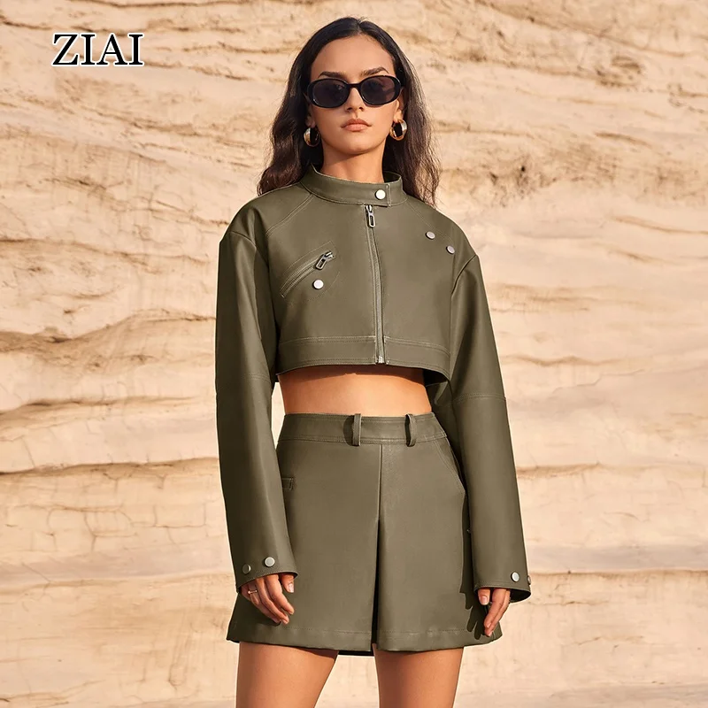 2024 Spring Summer Original Design Motorcycle Leather Coat Leather Skirt Retro PU Leather Coat Set ladies winter jackets