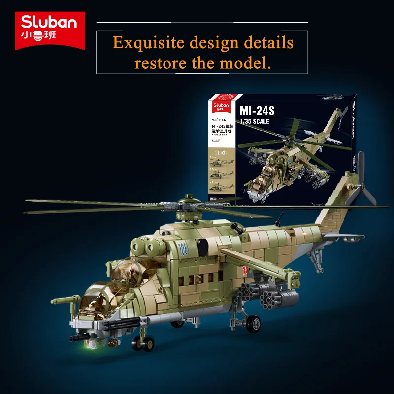 Sluban Building Block Toys B1137 MI-24S 3 IN 1 Armed Transport Helicopter Machine 893PCS Bricks Compatible With Leading Brands
