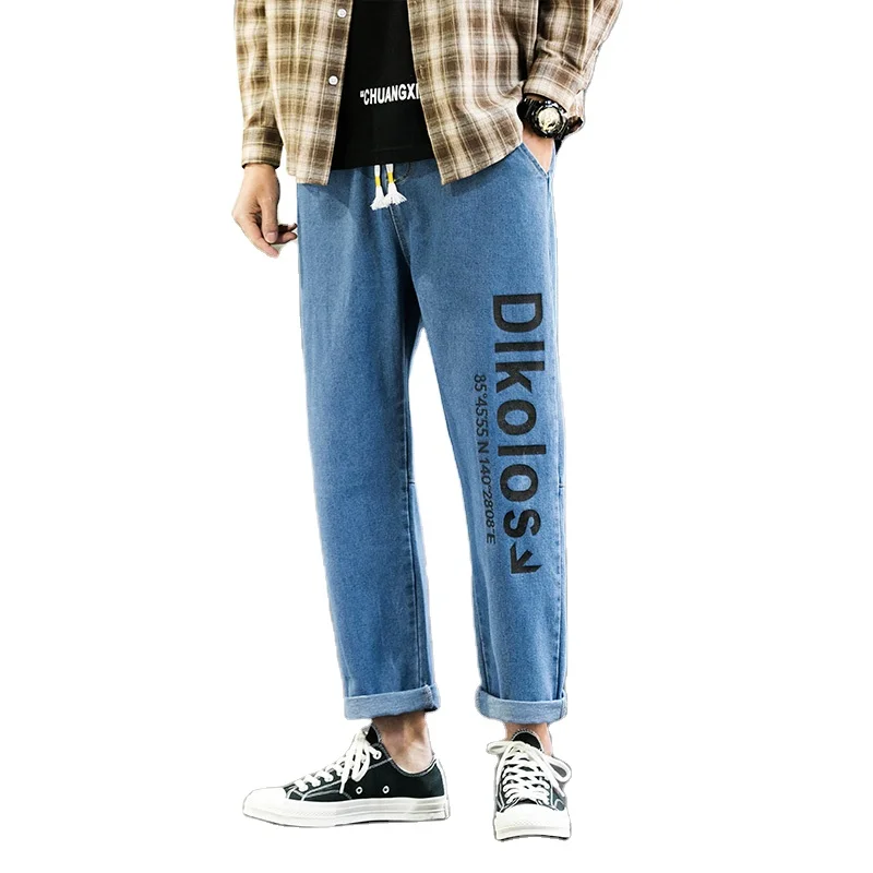 
2020 Custom LOGO stylish denim jeans blue loose cotton straight men pants 