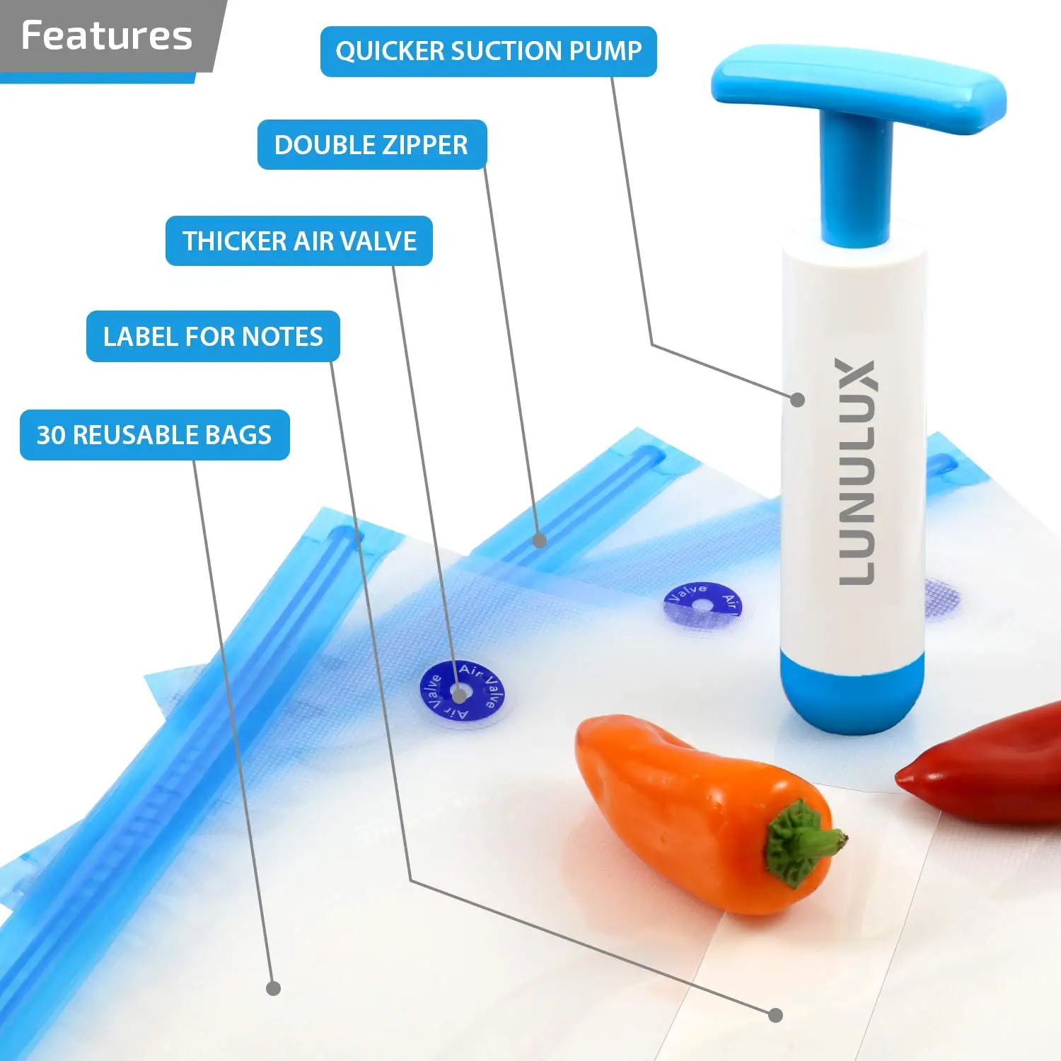 Eco-friendly Zip Lock Reusable Sous Vide Vacuum Sealer Bag Food Storage Plastic Bags with Air Value and White Seal Clips