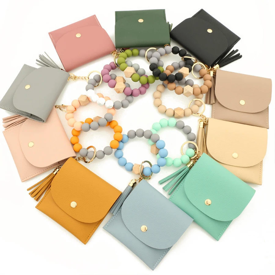 Factory Direct Women Wristlet Card Holder Silicone Beaded Bracelet Keychain Pocket Coin Purse Leather Tassel Key Chain Wallet