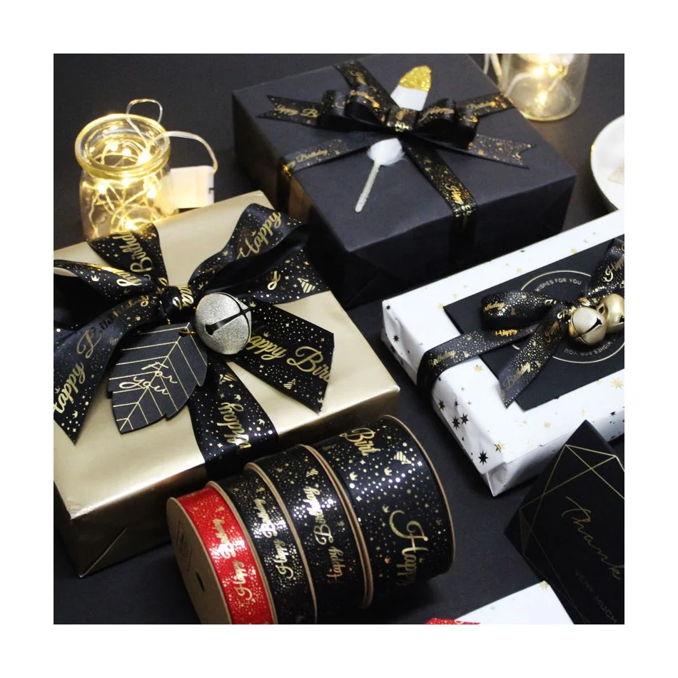 High Quality  gold foil printed birthday gift wrapping polyester satin ribbon