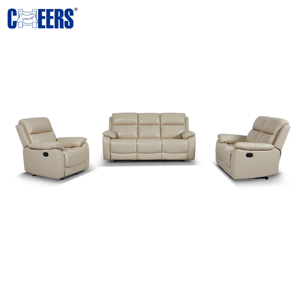 MANWAH CHEERS 3+2+1 Manual Genuine Leather Sofa Living Room Sofa  White Recliner Sofa Set for Home Furniture
