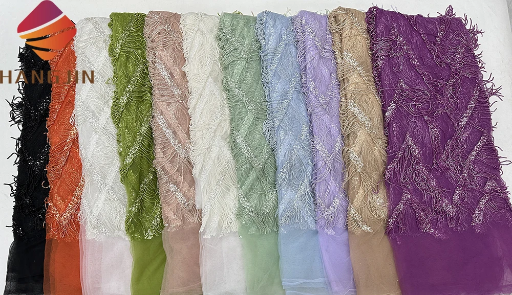 Luxury Sequins Embroidery French Tulle Mesh Lace Heavy Embroidery Beaded Tassel Fringe Fabric For Wedding Party Dress
