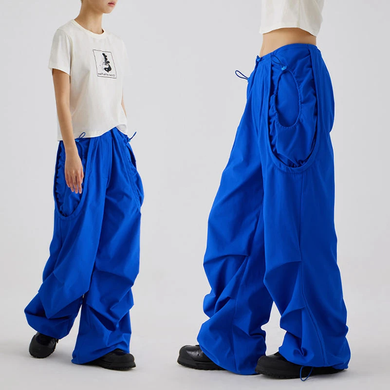Oem drawstring elastic waist mens custom solid color oversized men baggy cargo parachute pants with large pocket