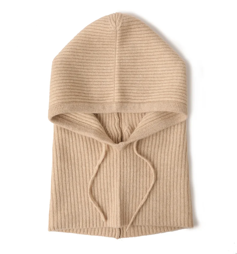 Custom Women Beanies Pure cashmere balaclava Winter hats cute drawstring rib knitting cashmere beanies balaclava