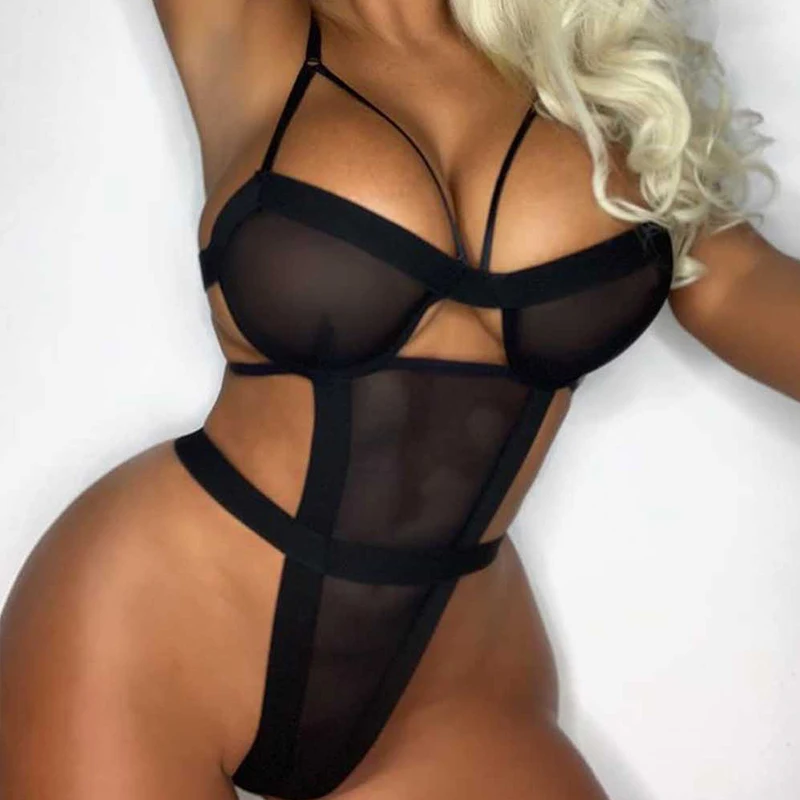 
2021 New Arrival Custom Black Mesh Knit Fitness Lace Deep V Neck One Piece Female Sexy Tops Body Suit For Women 
