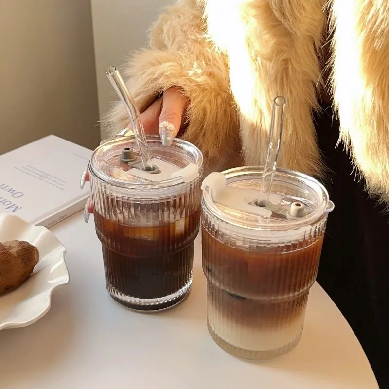 400ML  Clear Drinking Tumbler  Reusable Travel Coffee Glass Mug Cup Children Milk Cup With Straw And Lid