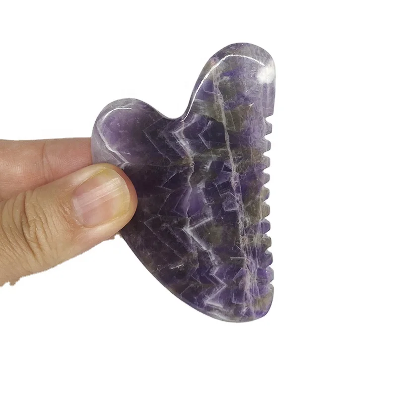 Wholesale heart shape Guasha With Teeth Tool Amethyst Crystal Scraping Stone For Face and Body heart shape scraping massage