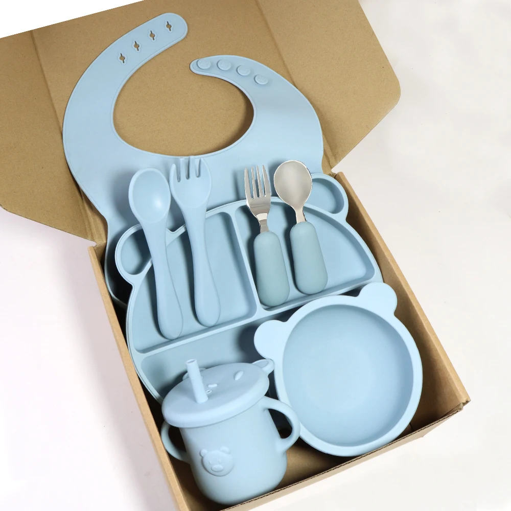 Eco-friendly Bpa Free Non-spill Kids Silicone Suction Bowl Plate Bib Cutlery Silicone Bib Bowl Spoon Baby Feeding Set