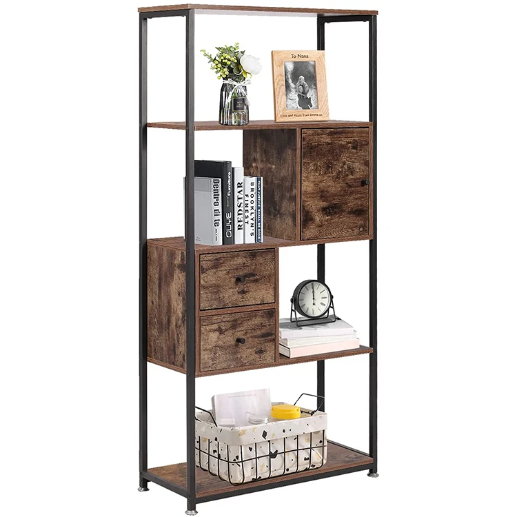 metal  Living room furniture frame 4 tiers storage rack wooden bookshelves