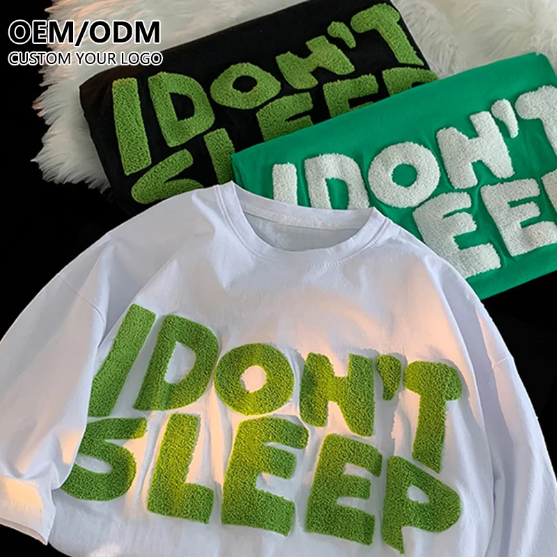 Chenille Patches Embroidery T-shirt 100% Premium French Terry Cotton terry chenille embroidery t shirts