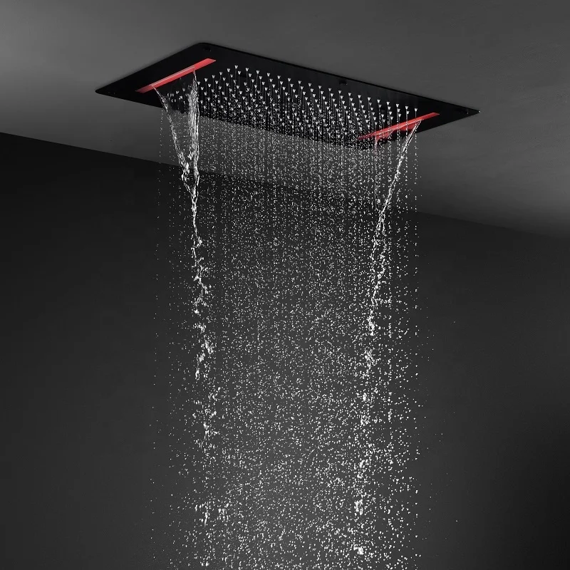 380*700 MM 304 SUS LED Matte black Embedded ceiling shower head rainfall waterfall column spray bathroom Thermostatic shower