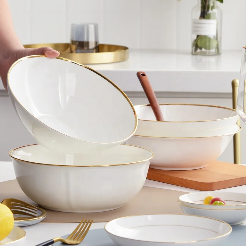 Большая керамическая миска для мгновенной лапши Golden side, одинарная миска для супа, большая посуда из костяного фарфора, большая домашняя миска для рамен
