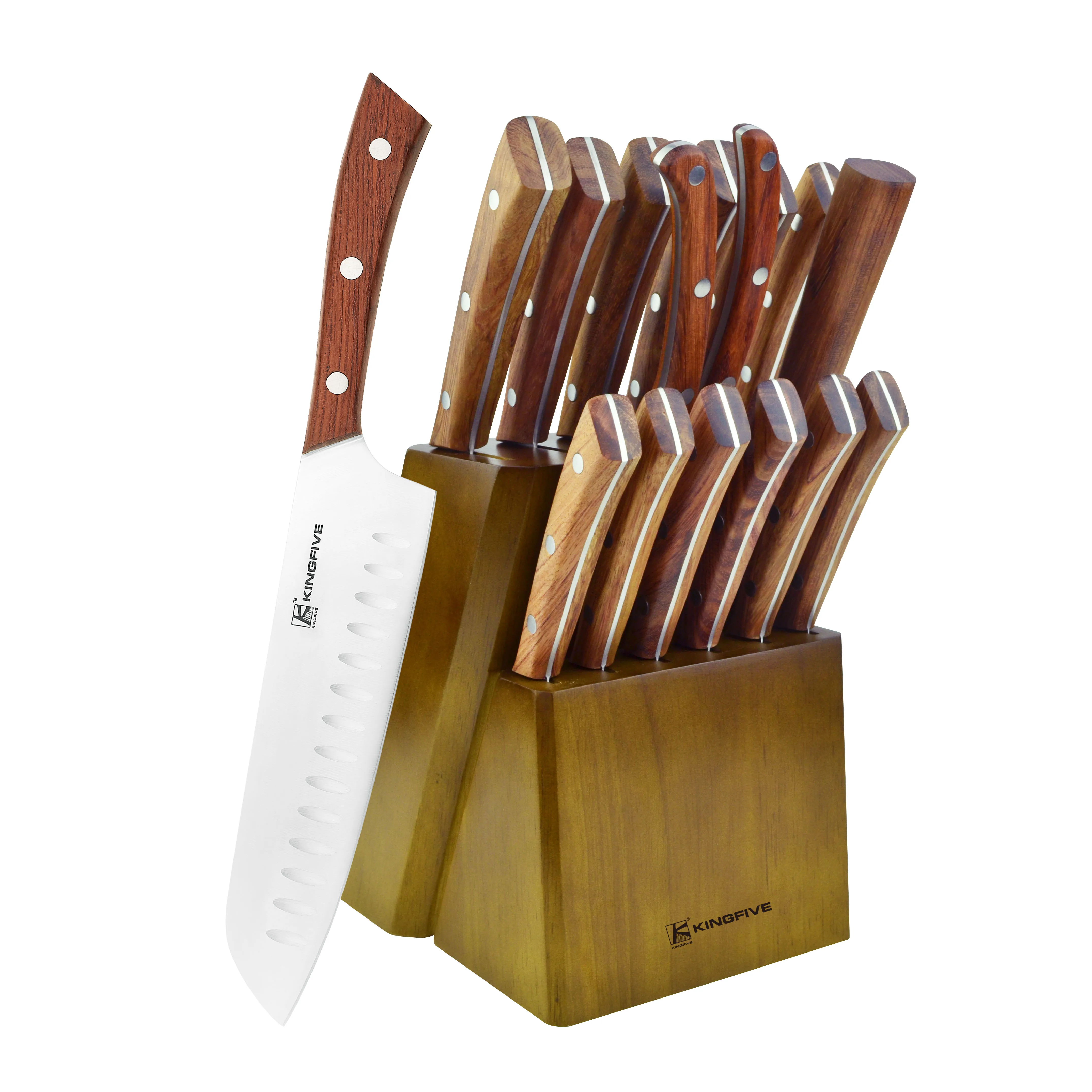 Professional 15 Pieces German Steel Chef Knife Rosewood Walnut Handle Kitchen Knife Set With Wooden Knife Holder