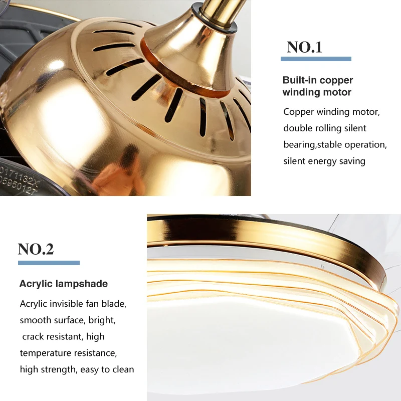 Factory sells modern acrylic gold dimmable ceiling lights with 3 blades smart remote control fan and Led lights