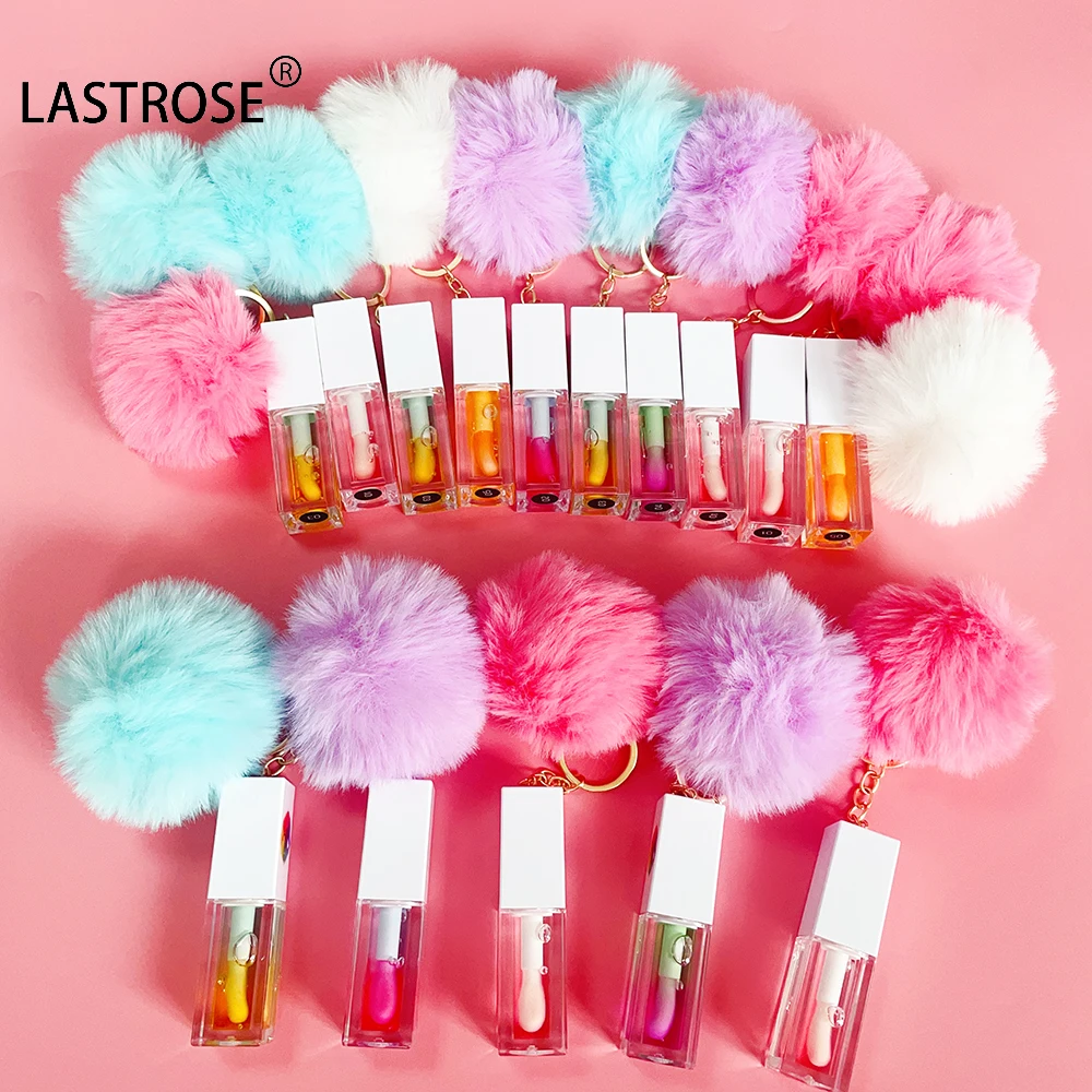Keychain Moisturizing Lip Oil Private Label No Logo Clear Lipgloss Oil Vegan Cute KeyChain pompom Lip Gloss Protection Lip Balm
