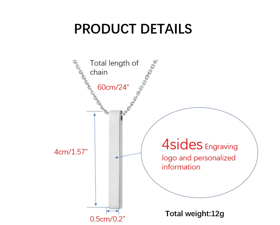 Engraving 3D Bar Name Necklace Personalized Text Message Cool Simple Design Women  or man Pendant  necklace