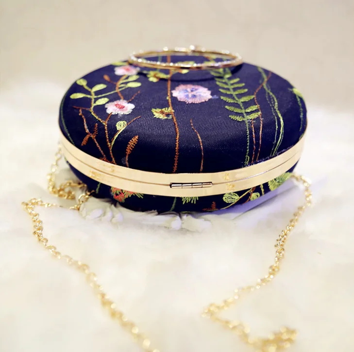 New Fashion Ladies  Party Clutch Round Shaped Shoulder Bags Girls Handbags Embroidery Floral Evening Bag