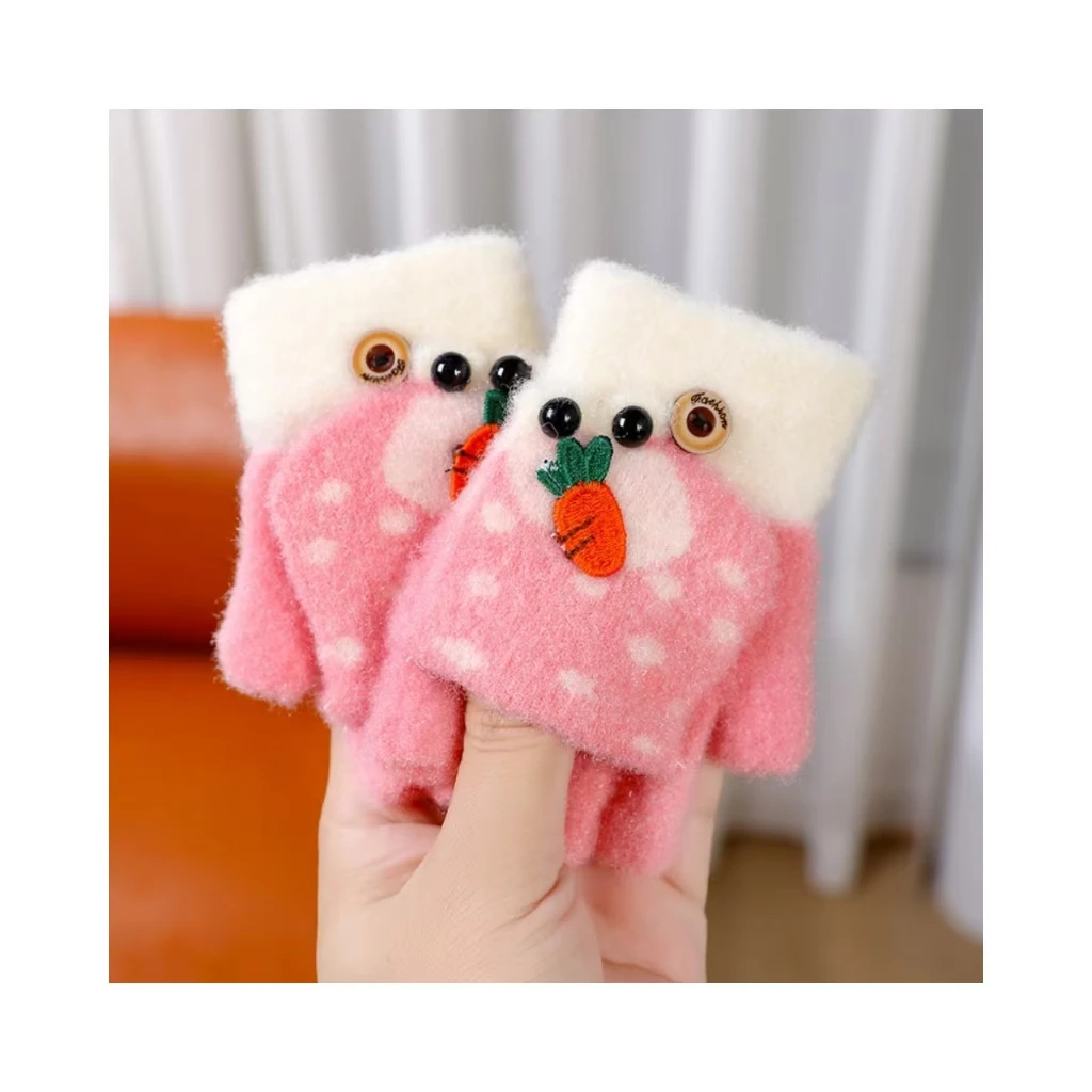 Convertible Flap Cover Kids Knitted Warm Fingerless Gloves With Adorable Rabbit Pattern For Girls Boys