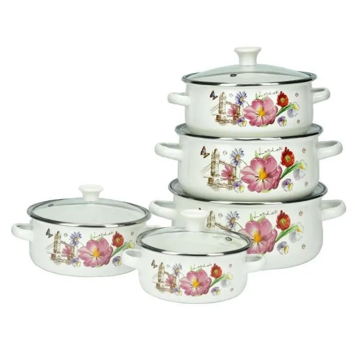 Supply of domestic kitchen outdoor spill-proof European-style metal enamel binaural pan with handle