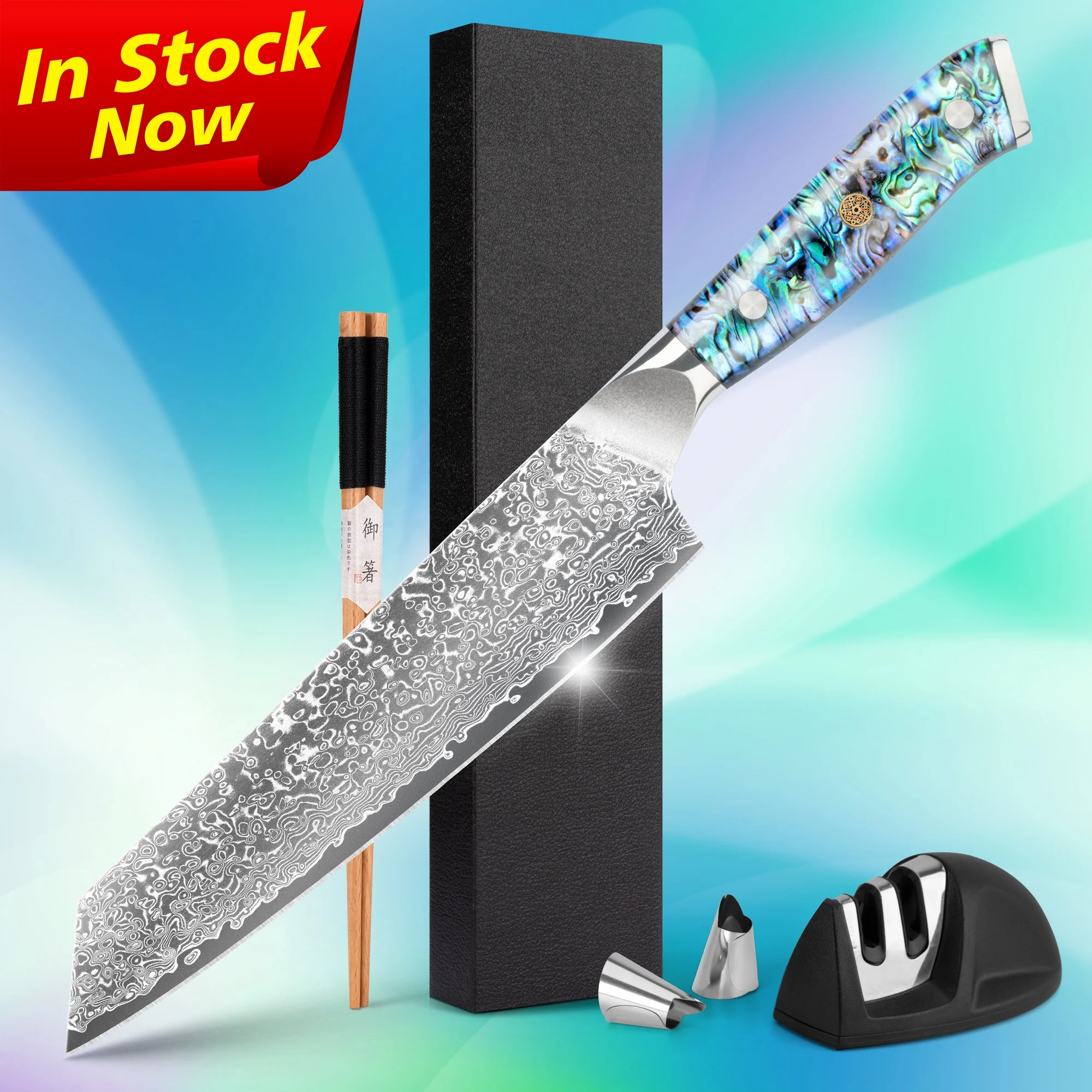 Abalone Shell Handle 8 inch Ultra Sharp Japanese Gyuto Damascus Master Chef Knife Luxury Kiritsuke with lifetime guarantee