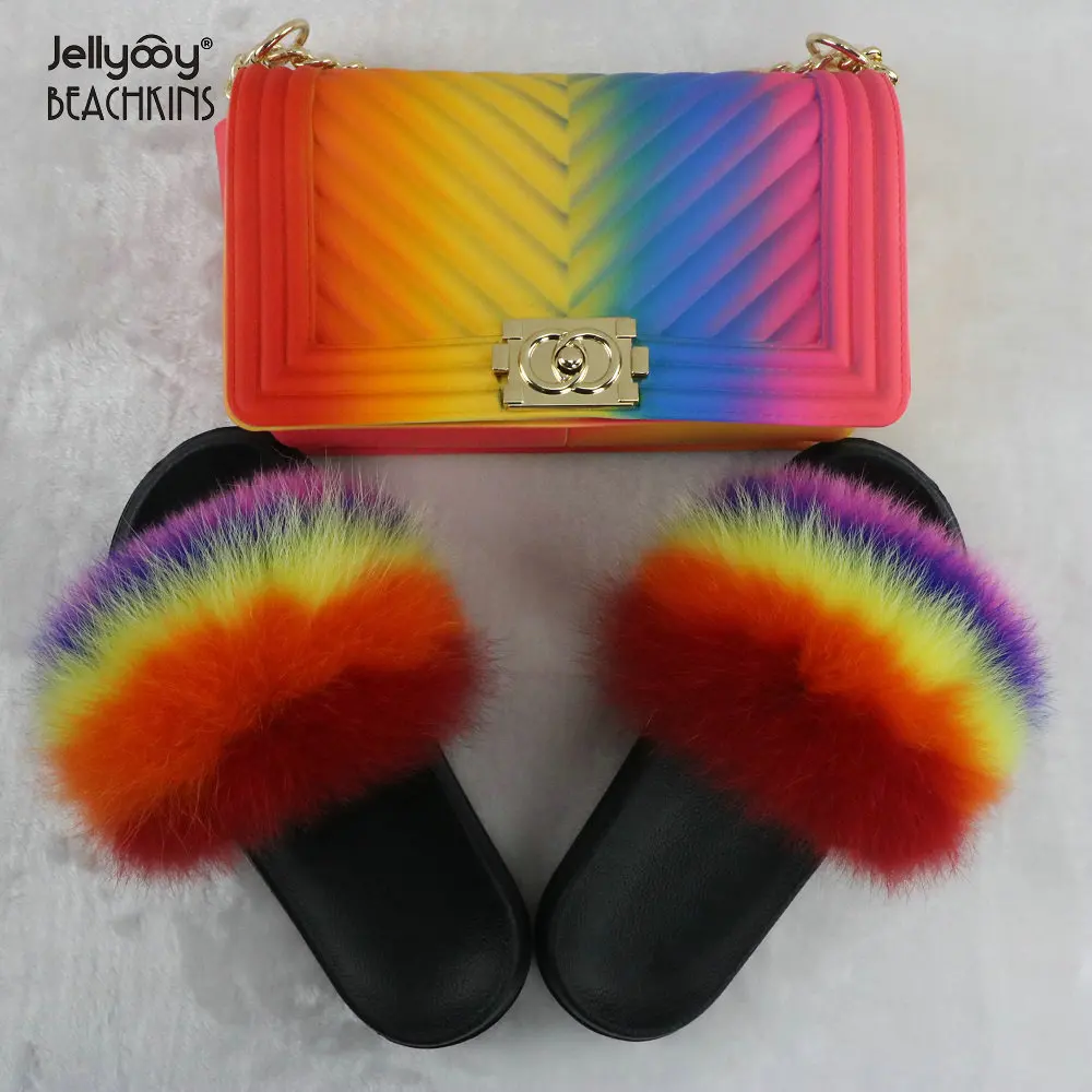 Jellyooy BEACHKINS PVC Rainbow Jelly Bag With Fox Fur Slippers Sets Matte V Stripe Purse Bag Match Colorful Fur Sandals Slides