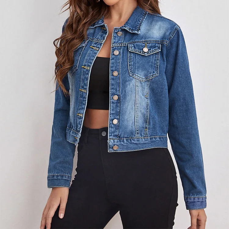New customized jean ladies coat fashion indigo denim jacket custom medium wash button front denim jacket
