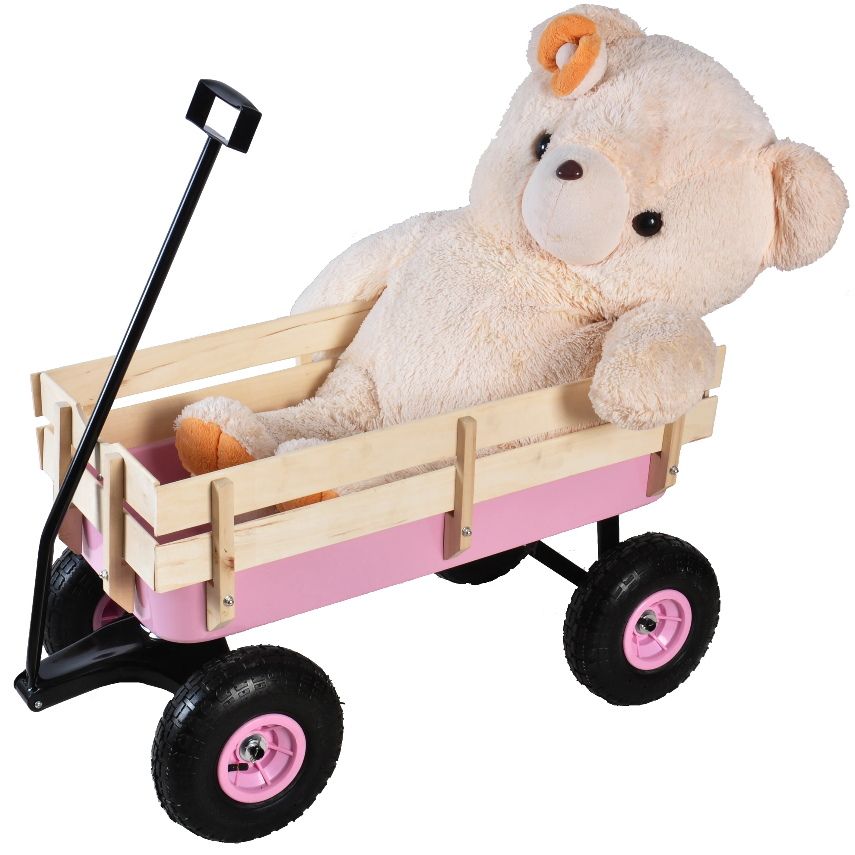 Outdoor cart with wood railing, all-terrain pneumatic wheels, rotatable handle.